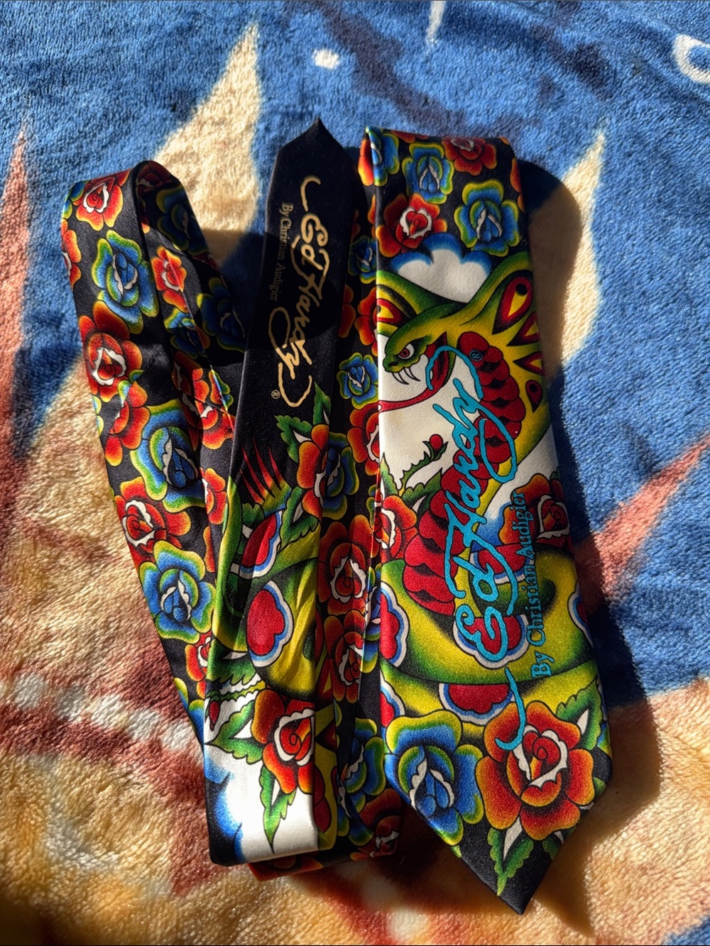 Ed Hardy Black Tie with Vibrant Tattoo Floral and Snake Print